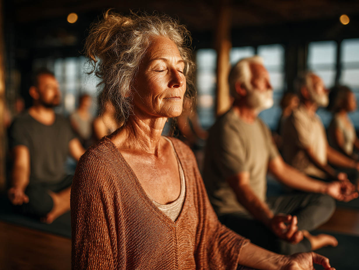 Група възрастни хора практикуващи йога заедно в студио
